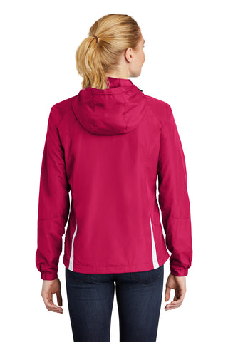 Sport-Tek Ladies Colorblock Hooded Raglan Jacket (Pink Raspberry/ White)