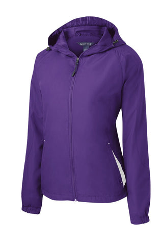 Sport-Tek Ladies Colorblock Hooded Raglan Jacket (Purple/ White)