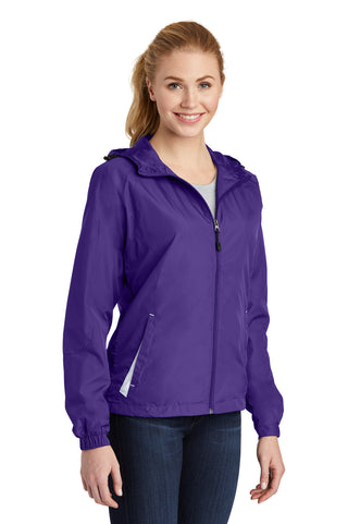 Sport-Tek Ladies Colorblock Hooded Raglan Jacket (Purple/ White)