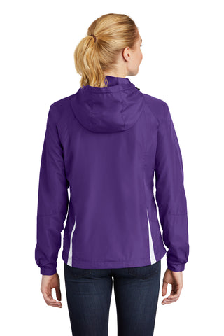 Sport-Tek Ladies Colorblock Hooded Raglan Jacket (Purple/ White)