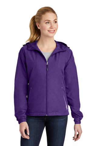 Sport-Tek Ladies Colorblock Hooded Raglan Jacket (Purple/ White)