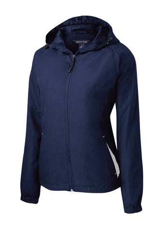 Sport-Tek Ladies Colorblock Hooded Raglan Jacket (True Navy/ White)