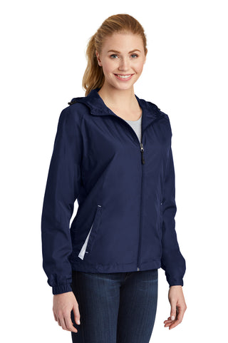 Sport-Tek Ladies Colorblock Hooded Raglan Jacket (True Navy/ White)