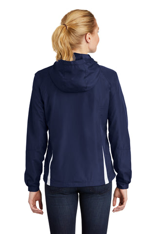 Sport-Tek Ladies Colorblock Hooded Raglan Jacket (True Navy/ White)