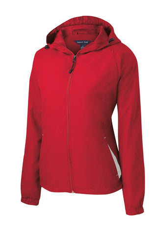 Sport-Tek Ladies Colorblock Hooded Raglan Jacket (True Red/ White)