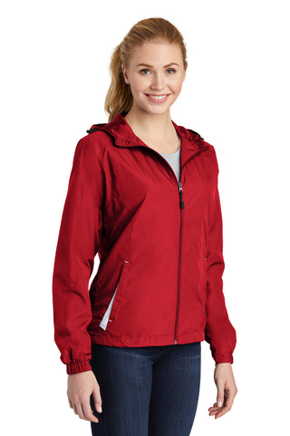 Sport-Tek Ladies Colorblock Hooded Raglan Jacket (True Red/ White)