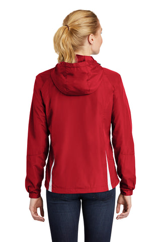 Sport-Tek Ladies Colorblock Hooded Raglan Jacket (True Red/ White)