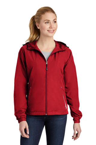 Sport-Tek Ladies Colorblock Hooded Raglan Jacket (True Red/ White)