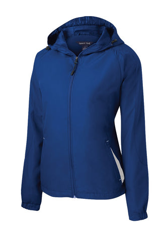 Sport-Tek Ladies Colorblock Hooded Raglan Jacket (True Royal/ White)