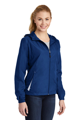 Sport-Tek Ladies Colorblock Hooded Raglan Jacket (True Royal/ White)