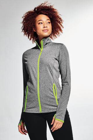 Sport-Tek Ladies Sport-Wick Stretch Contrast Full-Zip Jacket (Charcoal Grey Heather/ Charge Green)