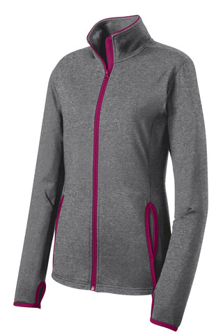 Sport-Tek Ladies Sport-Wick Stretch Contrast Full-Zip Jacket (Charcoal Grey Heather/ Pink Rush)