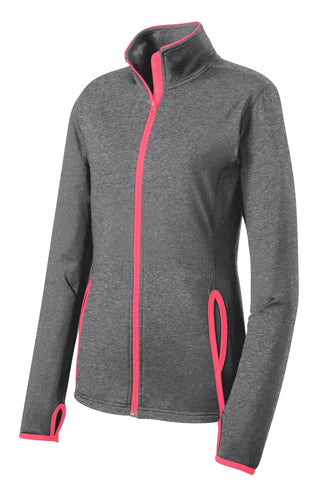 Sport-Tek Ladies Sport-Wick Stretch Contrast Full-Zip Jacket (Charcoal Grey Heather/ Hot Coral)