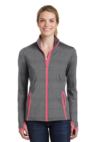 Sport-Tek Ladies Sport-Wick Stretch Contrast Full-Zip Jacket (Charcoal Grey Heather/ Hot Coral)