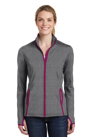 Sport-Tek Ladies Sport-Wick Stretch Contrast Full-Zip Jacket (Charcoal Grey Heather/ Pink Rush)