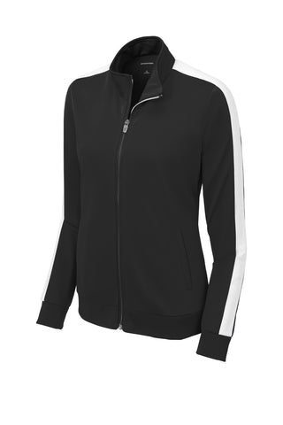 Sport-Tek Ladies Tricot Sleeve Stripe Track Jacket (Black/ White)