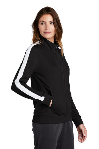 Sport-Tek Ladies Tricot Sleeve Stripe Track Jacket (Black/ White)