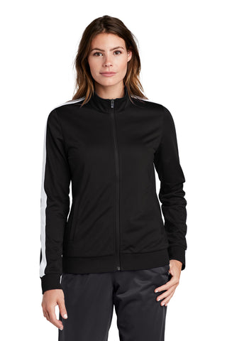 Sport-Tek Ladies Tricot Sleeve Stripe Track Jacket (Black/ White)