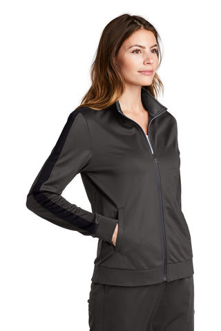 Sport-Tek Ladies Tricot Sleeve Stripe Track Jacket (Graphite/ Black)