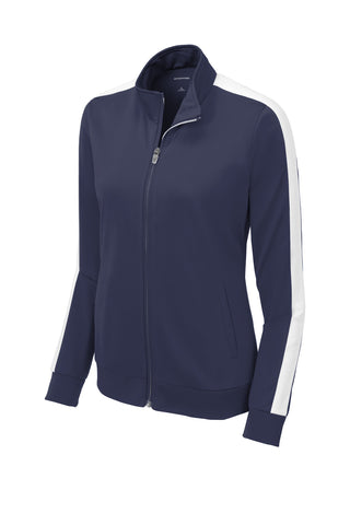 Sport-Tek Ladies Tricot Sleeve Stripe Track Jacket (True Navy/ White)