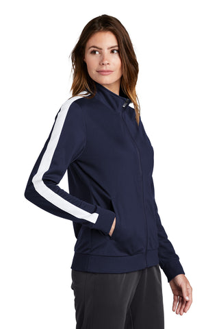 Sport-Tek Ladies Tricot Sleeve Stripe Track Jacket (True Navy/ White)