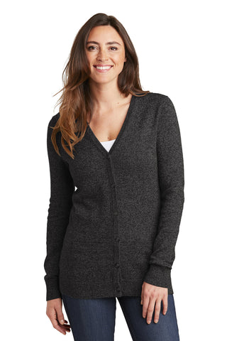 Port Authority Ladies Marled Cardigan Sweater (Black Marl)