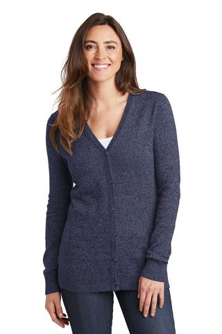 Port Authority Ladies Marled Cardigan Sweater (Navy Marl)