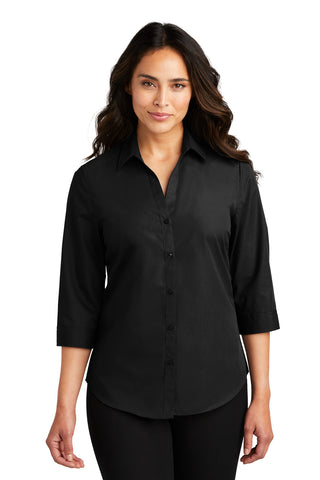 Port Authority Ladies 3/4-Sleeve Carefree Poplin Shirt (Deep Black)