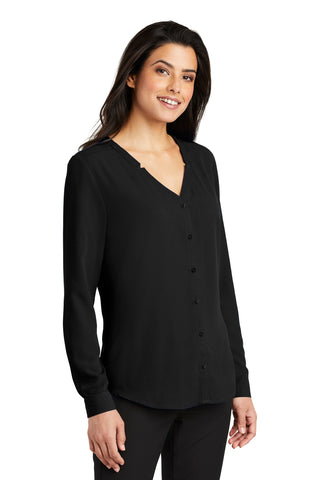 Port Authority Ladies Long Sleeve Button-Front Blouse (Black)