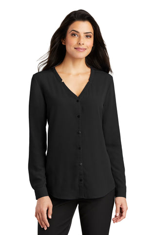 Port Authority Ladies Long Sleeve Button-Front Blouse (Black)