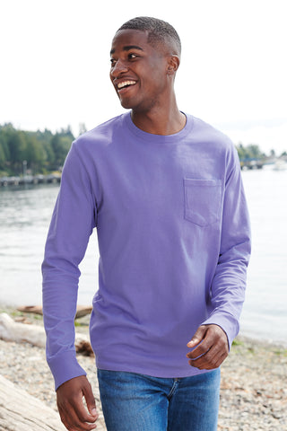 Port & Company Beach Wash Garment-Dyed Long Sleeve Pocket Tee (White)