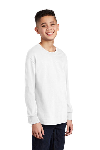 Port & Company Youth Long Sleeve Core Cotton Tee (White)