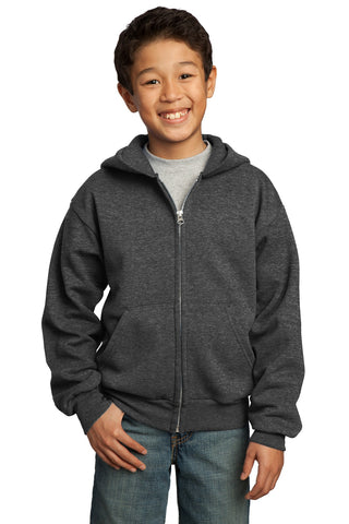 Port & Company Youth Core Fleece Full-Zip Hooded Sweatshirt (Dark Heather Grey)