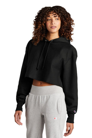 Champion Women's Reverse Weave Cropped Cut-Off Hooded Sweatshirt (Black)