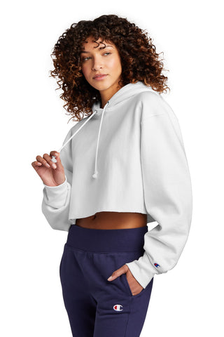 Champion Women's Reverse Weave Cropped Cut-Off Hooded Sweatshirt (White)