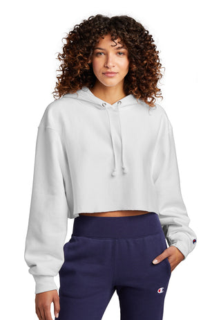 Champion Women's Reverse Weave Cropped Cut-Off Hooded Sweatshirt (White)