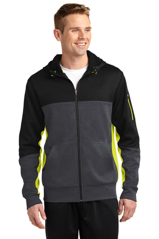 Sport-Tek Tech Fleece Colorblock Full-Zip Hooded Jacket (Black/ Graphite Heather/ Citron)