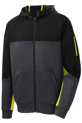 Sport-Tek Tech Fleece Colorblock Full-Zip Hooded Jacket (Black/ Graphite Heather/ Citron)