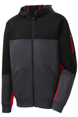 Sport-Tek Tech Fleece Colorblock Full-Zip Hooded Jacket (Black/ Graphite Heather/ True Red)