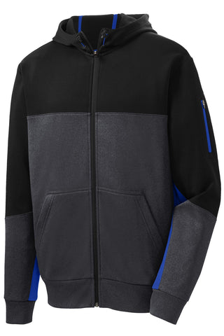 Sport-Tek Tech Fleece Colorblock Full-Zip Hooded Jacket (Black/ Graphite Heather/ True Royal)