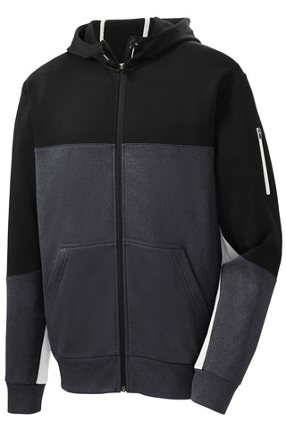 Sport-Tek Tech Fleece Colorblock Full-Zip Hooded Jacket (Black/ Graphite Heather/ White)