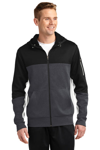 Sport-Tek Tech Fleece Colorblock Full-Zip Hooded Jacket (Black/ Graphite Heather/ White)