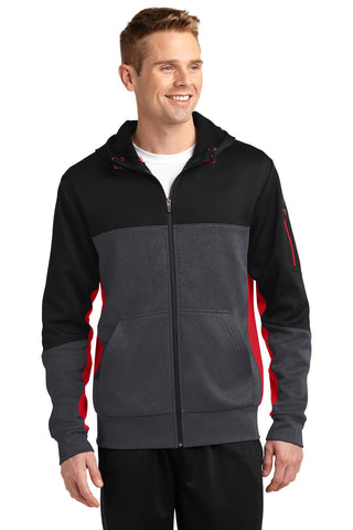 Sport-Tek Tech Fleece Colorblock Full-Zip Hooded Jacket (Black/ Graphite Heather/ True Red)