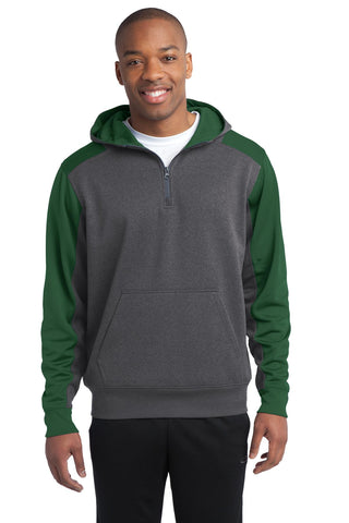 Sport-Tek Tech Fleece Colorblock 1/4-Zip Hooded Sweatshirt (Graphite Heather/ Forest Green)