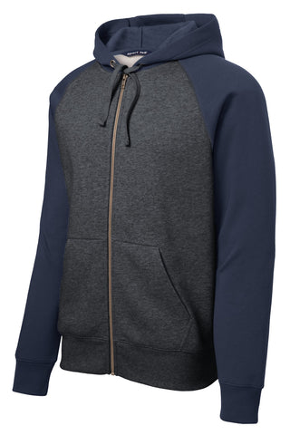 Sport-Tek Raglan Colorblock Full-Zip Hooded Fleece Jacket (Graphite Heather/ True Navy)