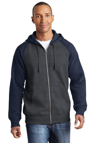 Sport-Tek Raglan Colorblock Full-Zip Hooded Fleece Jacket (Graphite Heather/ True Navy)