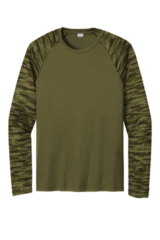 Sport-Tek Drift Camo Colorblock Long Sleeve Tee (Olive Drab Green)