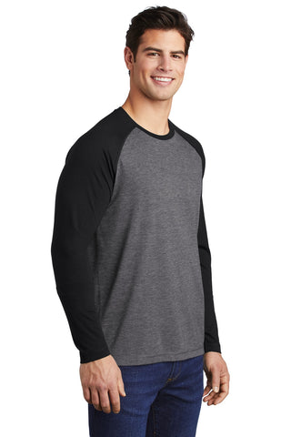 Sport-Tek PosiCharge Long Sleeve Tri-Blend Wicking Raglan Tee (Black Triad Solid/ Dark Grey Heather)