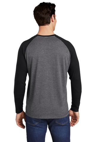 Sport-Tek PosiCharge Long Sleeve Tri-Blend Wicking Raglan Tee (Black Triad Solid/ Dark Grey Heather)