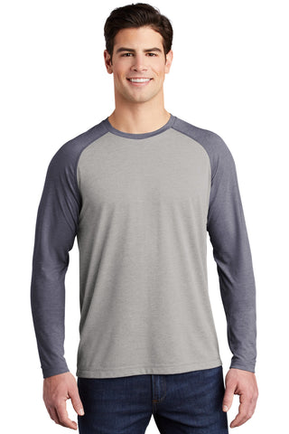 Sport-Tek PosiCharge Long Sleeve Tri-Blend Wicking Raglan Tee (True Navy Heather/ Light Grey Heather)